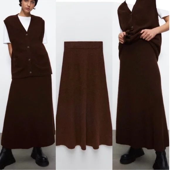 Zara Limited Edition Soft Heavyweight Knit A Line Midi Skirt Dark Brown L